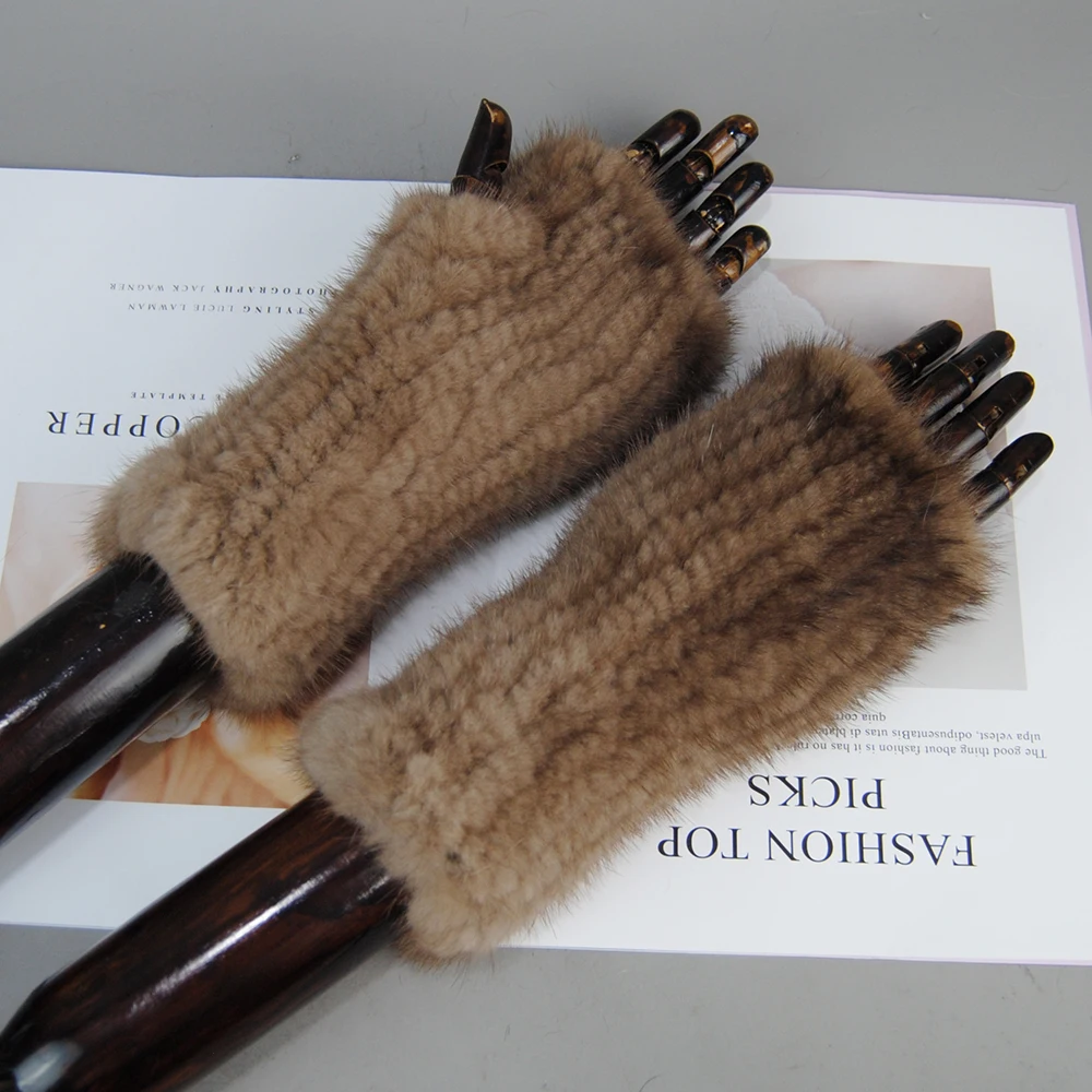 Winter Gloves Lady Real Mink Fur Gloves Girls Real Knitted Mink Fur Fingerless Gloves Winter Strong Elasticity Mittens