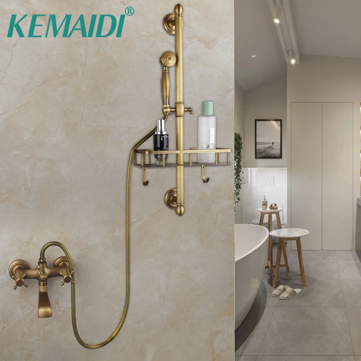 

KEMAIDI Antique Brass Shower Faucets Set Wall Mount Shower Kit Dual Knobs Mixer Tap Handheld Spray Bathtub Shower Systerm