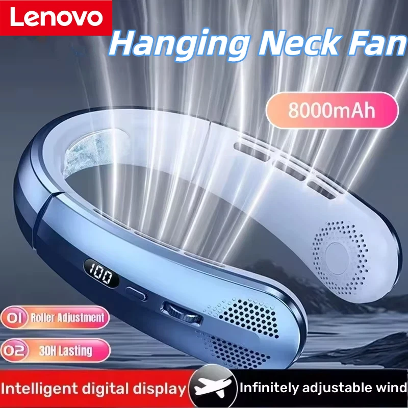 Lenovo 2026 8000mAh Air Cooler USB Hanging Neck Fan Portable Bladeless Mini Rechargeable Mute LED Digital Display Electric Fans 1