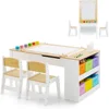 3 in 1 Kids Art Table and Chair Set, Toddler Craft Play Wood Activity Desk with 2 Chairs Storage Canvas Bins ,Children Furniture 1