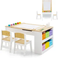 3 in 1 Kids Art Table and Chair Set, Toddler Craft Play Wood Activity Desk with 2 Chairs Storage Canvas Bins ,Children Furniture 1