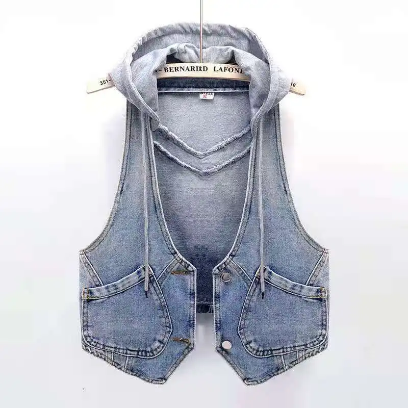 

Spring Fall Fashion Women Hooded Short Denim Vest Loose Coat