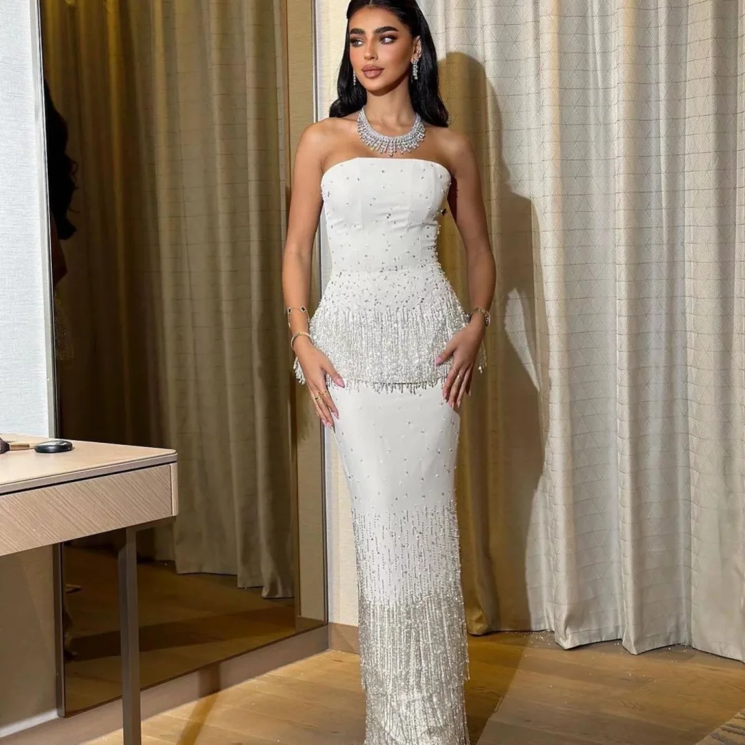 Bella Customized White Beaded Two-Piece Set robes de soire Strapless  Backless Party Dresses Ankle-Length Pearls Prom Dress 2025 - AliExpress 320