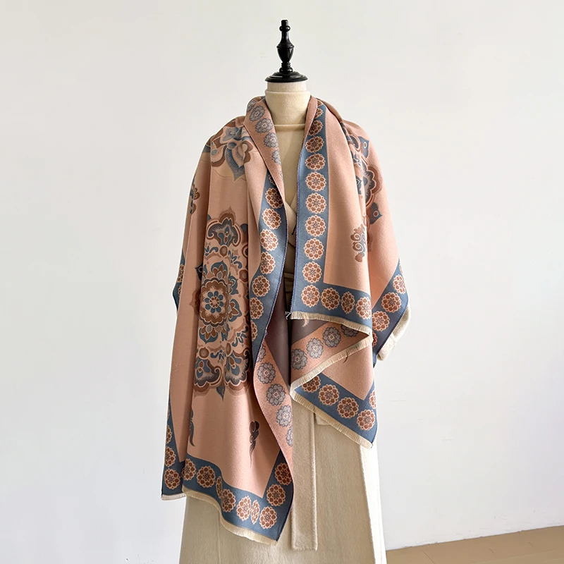 Elegant Plaid Design Scarf Imitation Cashmere Soft Warm Versatile Shawl Coldproof Windproof Blanket Scarf for Autumn Winter