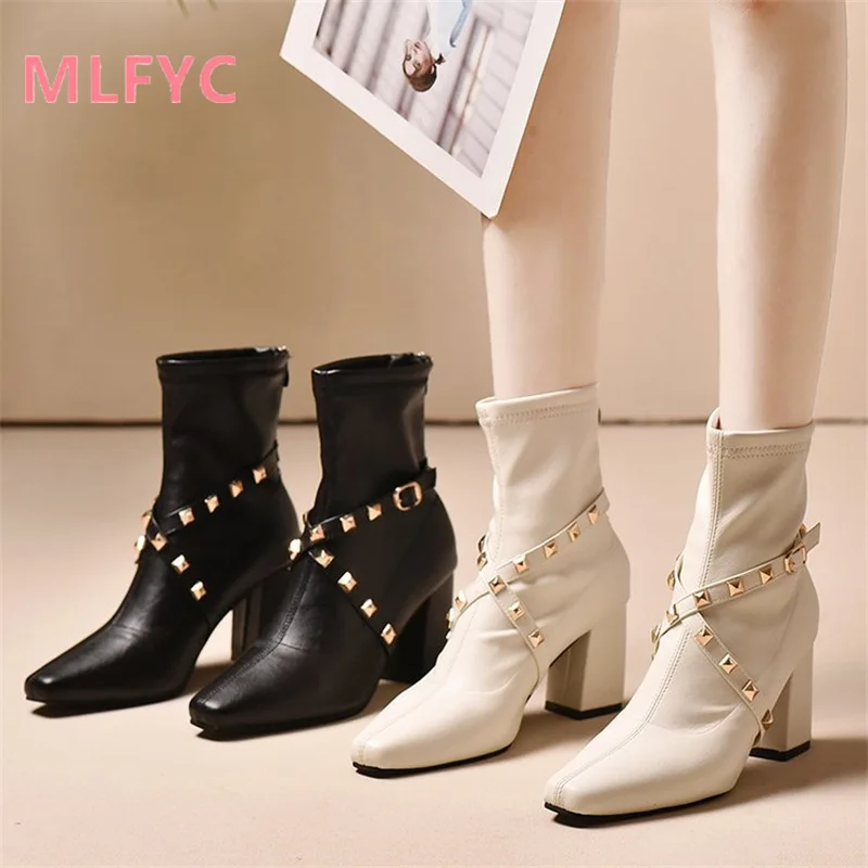 Square head thick heeled short boots for female winter new high heeled fashion boots back zipper fashion rivets for women shoes