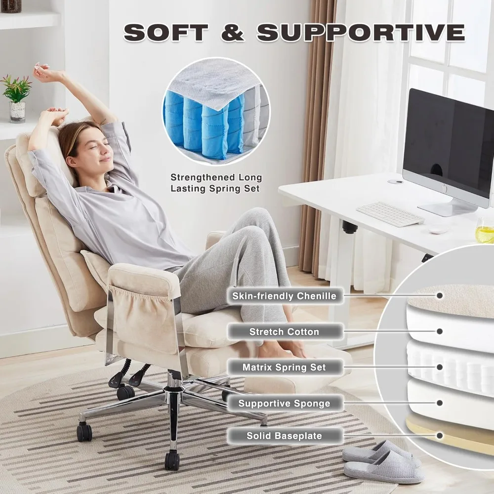 Large Tall Fabric Computer Chair, Comfortable Ergonomic Home Office Chair with Footrest, Cute Chenille Fabric High Back Recliner 4