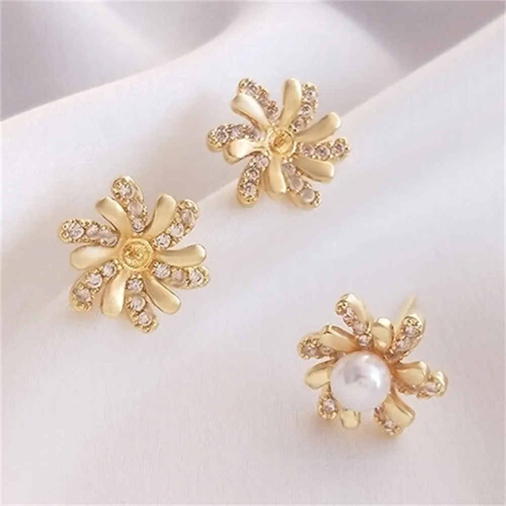 14K Gold-plated Micro-inlaid Zircon Daisy Half-hole Beaded Earrings 925 Silver Needle Diy Handmade Pearl Earrings E180