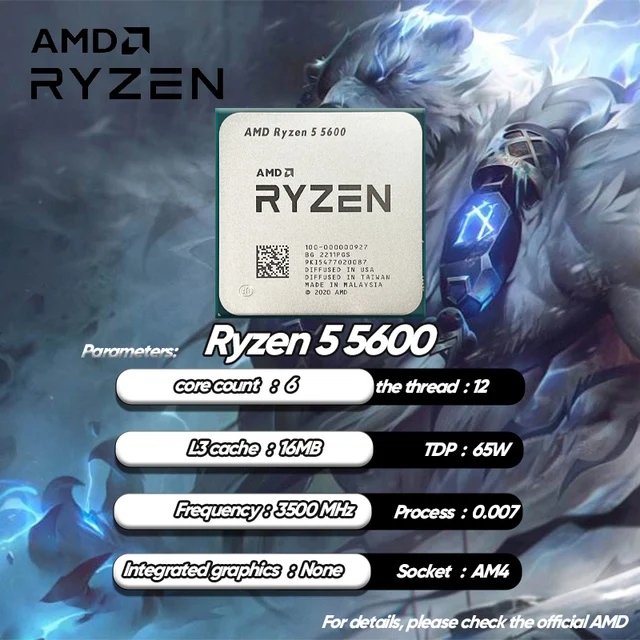 AMD Ryzen 5 5600 R5 5600 3.5 GHz 6-Core 12-Thread CPU Processor 7NM L3=32M 100-000000927 Socket AM4 New and without cooler 2