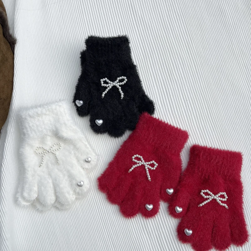3-8Years Children's Gloves Autumn Winter New Windproof Warm Knitted Plush Cartoon Pearl Bow Girls' Love Gloves