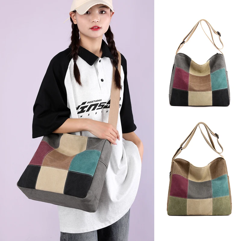 KVKY Patchwork Canvas Women Shoulder Bag Large Capacity Bag Shopping Tote Bag Pockets Canvas Messenger Bag Environmental Pouch