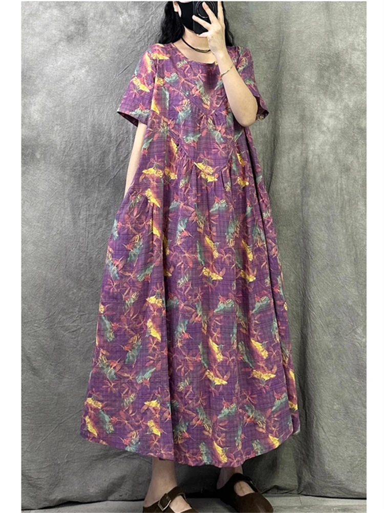 Summer Cotton Vintage Casual Loose Print Women Dresses Short Sleeve Blue Dress Femme Vestidos Office Lady Elegant Long Clothing