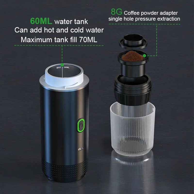 Wireless Electric Portable Espresso Coffee Machine for Car & Home Camping Coffee Maker 3-in-1 Capsule Powder Travel Coffee Maker 5