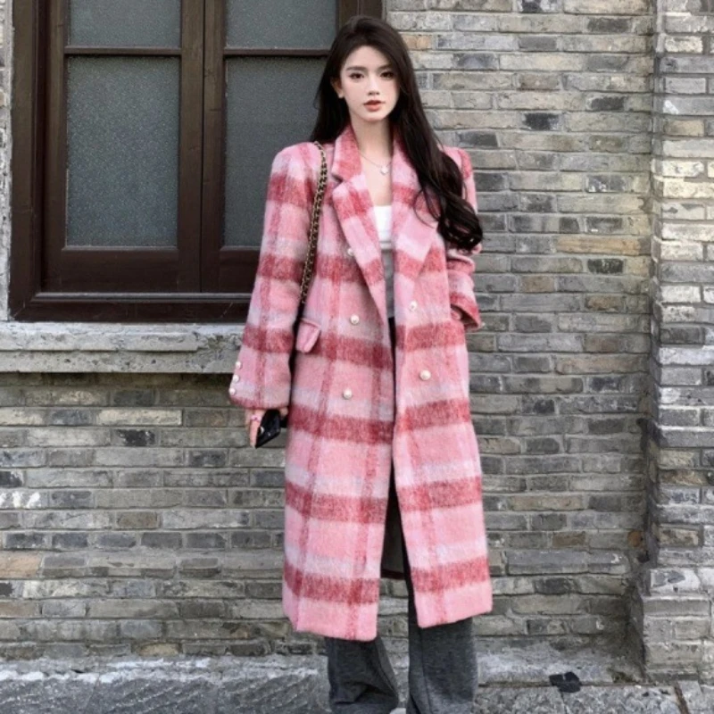 2023 Winter New Female Temperament Thick Quilted Woolen Coat Women Fashion Long Below The Knee Plaid Outwear Loose Casual Top