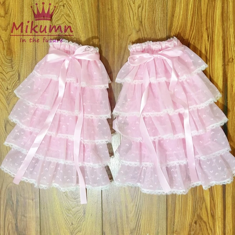 Mikumn Harajuku Women Sweet Pink Bow Fluffy Lace Leg Warmer Socks Y2k Japanese Lolita Kawaii Multilayer Mesh Ruffles Leg Covers