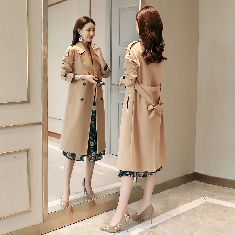 

Jackets Women Double Breasted Mid-long Trench Coat Women Khaki Slim Belt Cloak Mujer Windbreaker Female Abrigos Casaco Feminino
