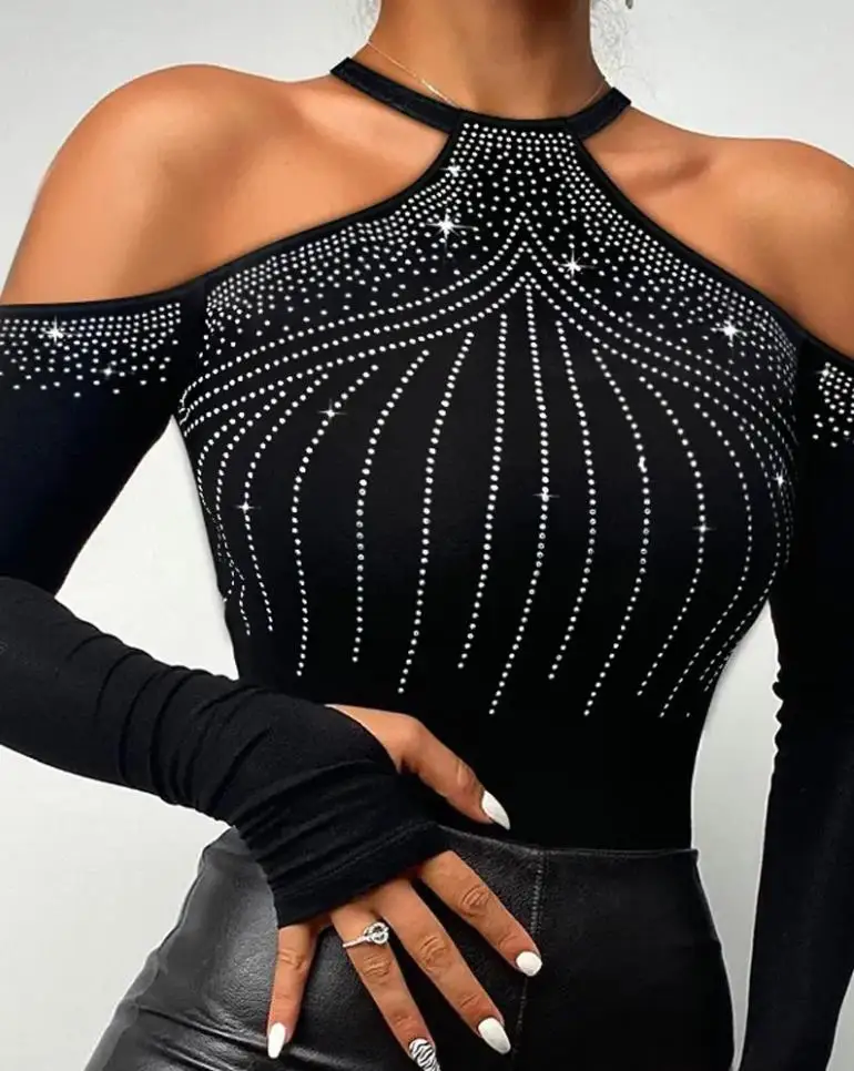 Fashion Woman Blouses 2022 Rhinestone Sexy Cold Shoulder Skinny Top Elegant Long Sleeve T-Shirt Chic All-Match Daily573_voghion.com