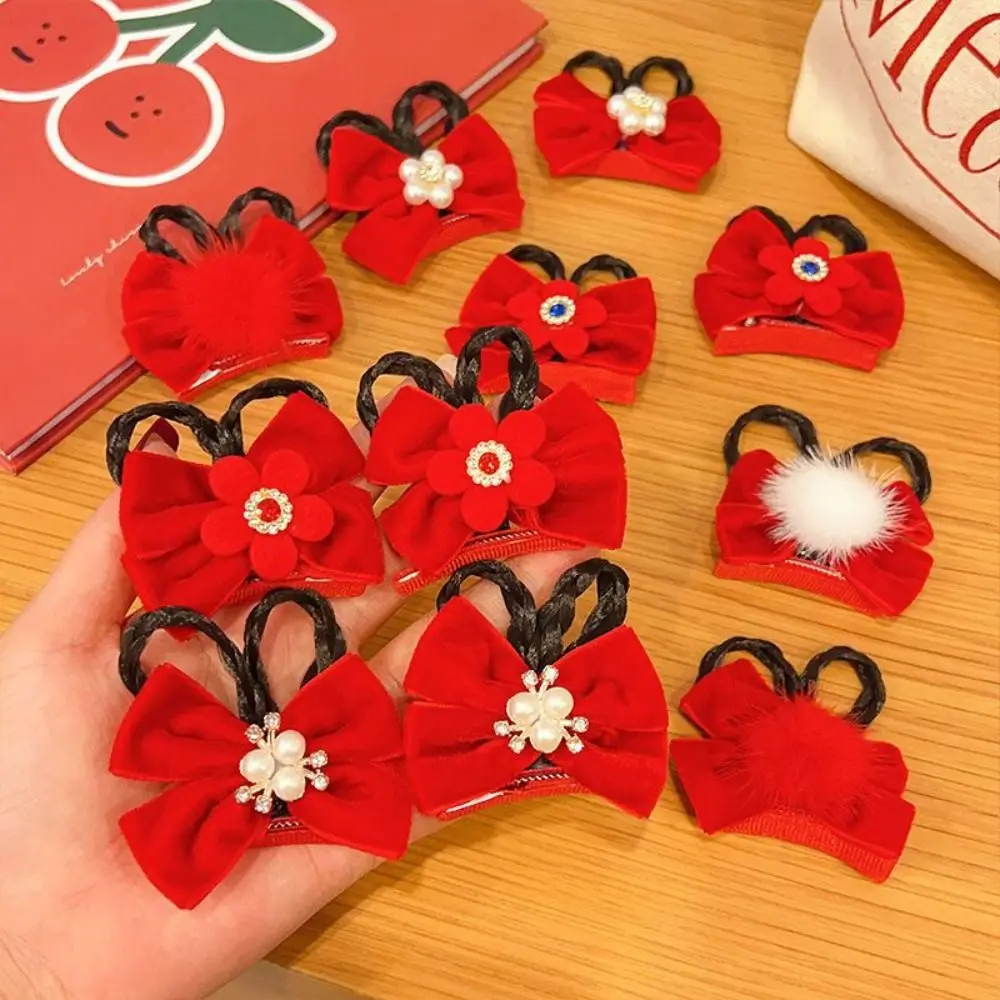 Plush Ball Pearl Flower Headwear Headdress Chinese Style Girl Wig Hair Clip Red Bangs Clip New Year Hairpin Hair Accessory 10pcs small baby girls mini hairpin mix color hair claw clips for kids hairpins headwear accessories hair crab claw grip bangs