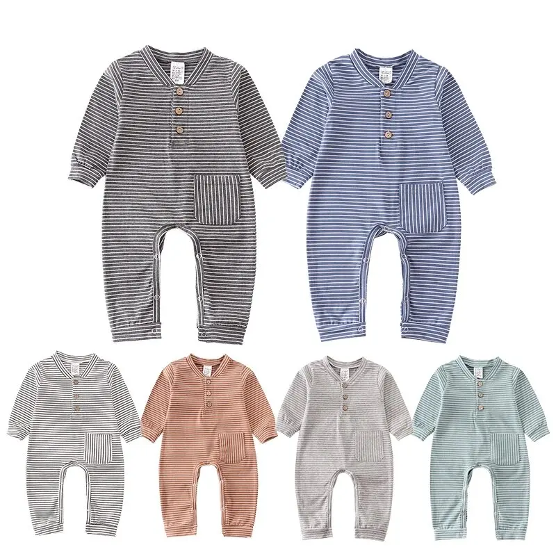 Newborn Baby Boy Romper Long sleeve Girl Infant Cotton Clothes Knitted Stripe Solid Jumpsuit For Toddler Outfits 0-24M