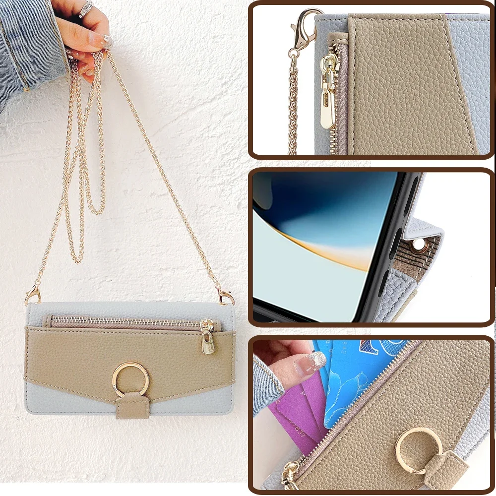 Luxurious Crossbody Leather Wallet Phone Case with Metal Chain