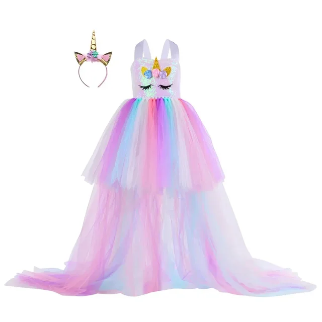 Kids Long Tail Unicorn Dress with LED Lights Girls Birthday Party Dress Princess Carnival Costume Hairband Pastel Rainbow Gown 2