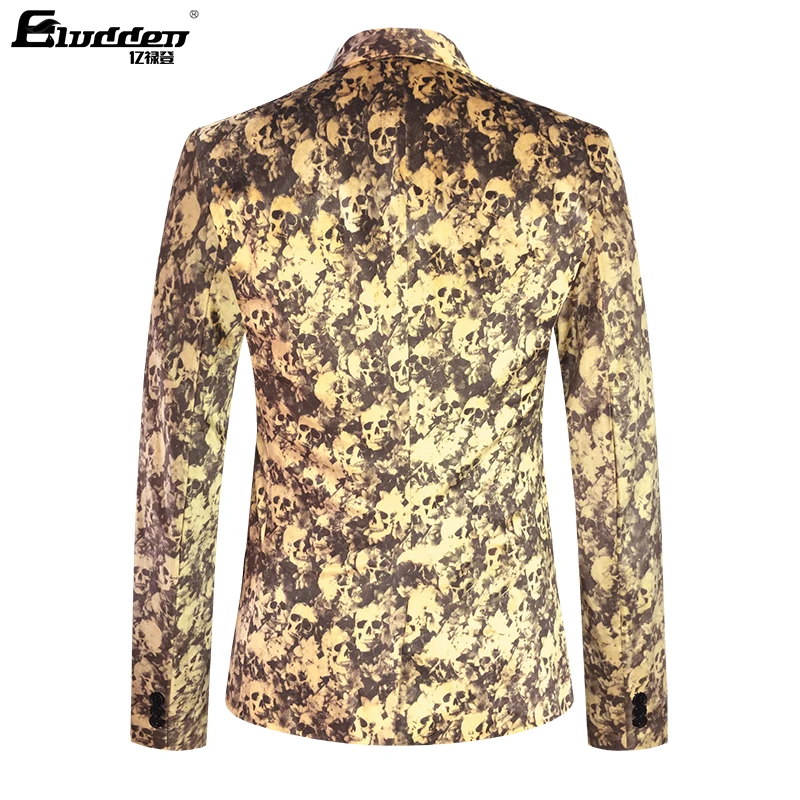 Men Digital Printing Velvet Fabric Blazer Floral Pattern Pleuche Suit Jackets Digital Printed Skull Pattern Flannel Suit Blazers
