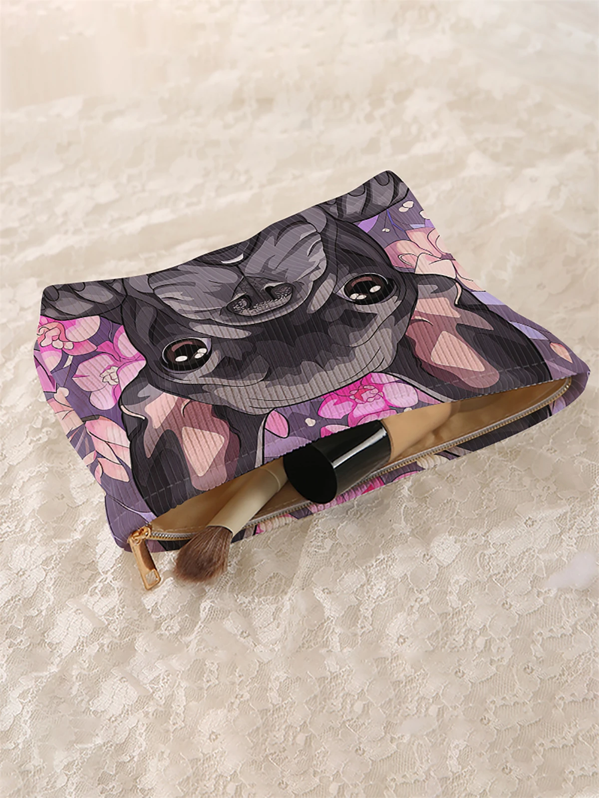 1 dog patterned corduroy makeup bag, lightweight zipper makeup storage box, multifunctional bag with lining