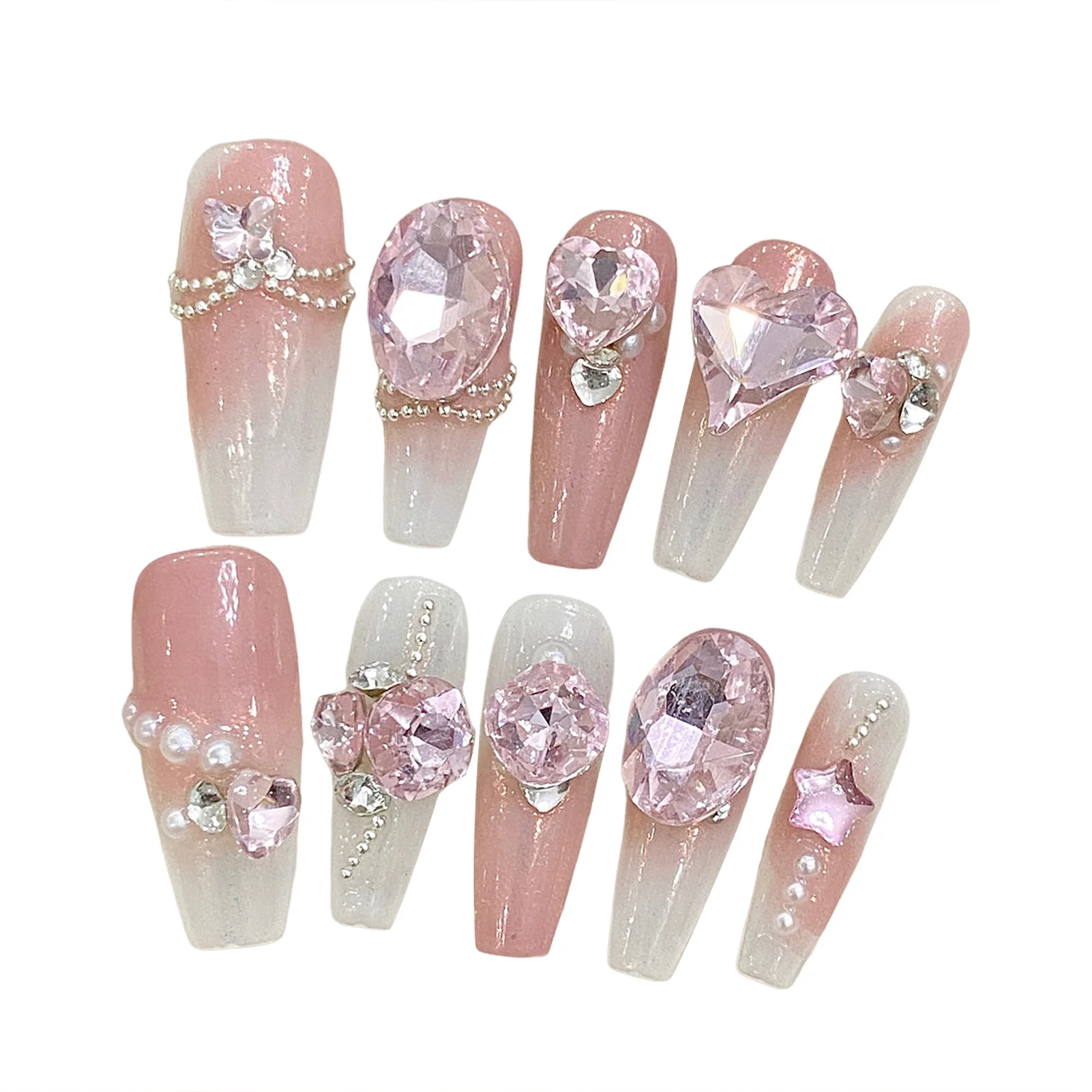 

Pink Gradient Fake Nails with Rhinestone Easy to Apply Simple to Peel off Nails for Stage Performance Wear