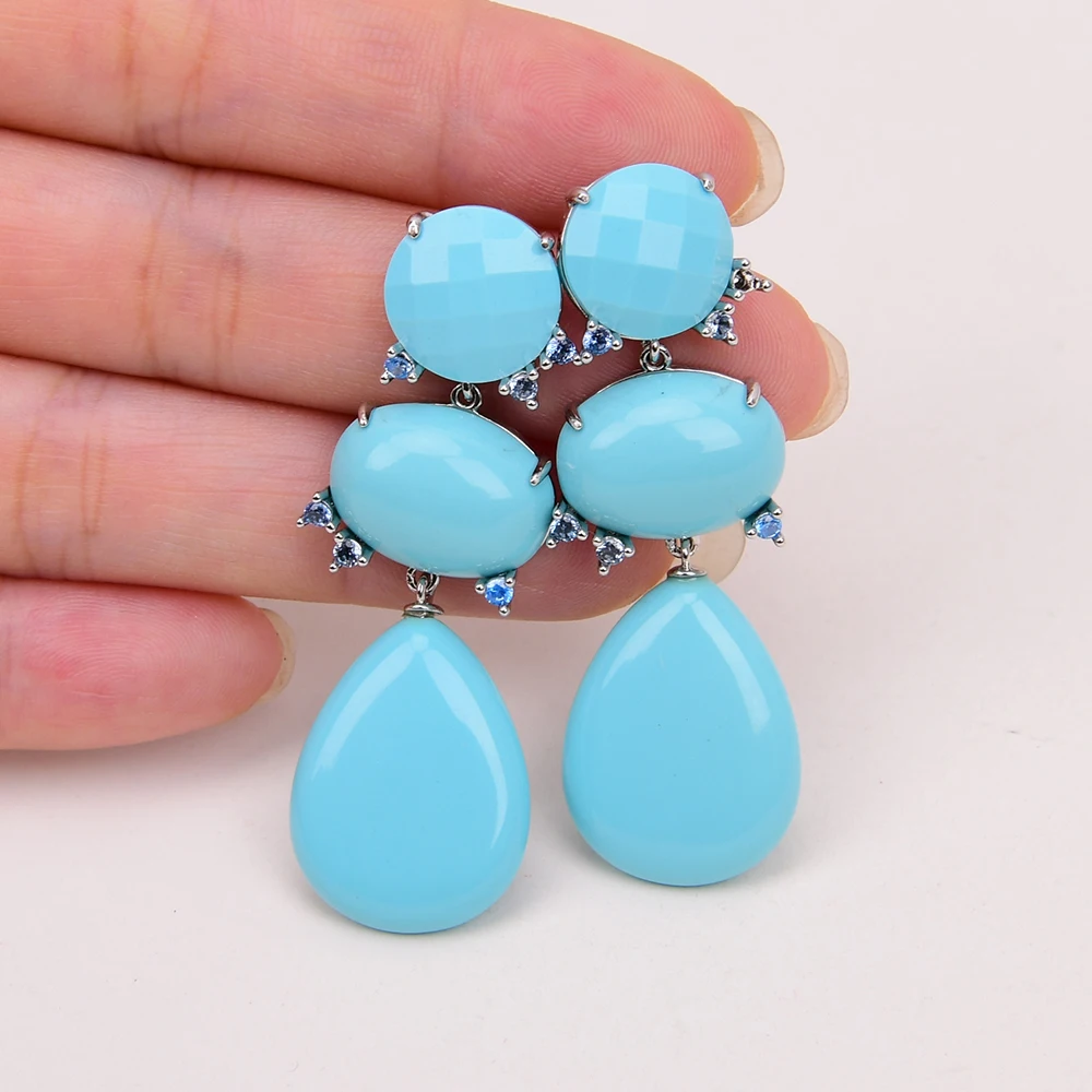 G-G Water Drop Blue Turquoise Dangle Cz Zircon Beads Party Studs Earrings Gold Plated Stone Earrings Gifts For Women