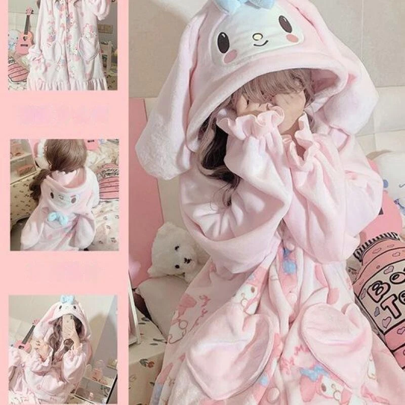

Anime Sanrio Plush Kawai My Melody Plush Pajamas Two-piece Dressing Gown Set Autumn And Winter Coral Velvet Thickened Loungewear