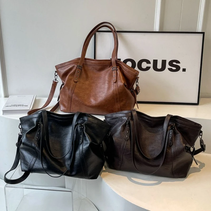 Large Sized Tote Bags For Women Soft PU Leather Pure Color Large Capacity Shopper Shoulder Crossbody Bag High Quality Handbags