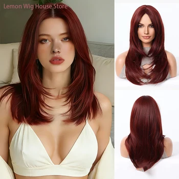 Reddish Brown Synthetic Wig Natural Layered Hair Wigs for Women Daily Party Cosplay Wig Medium Long Straight Hair Heat Resistant 1