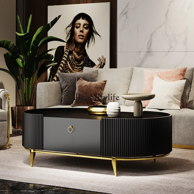 

Italian Light Luxury Minimalist Stone Plate Coffee Table Black Modern Oval Villa Living Room Home Tea Table