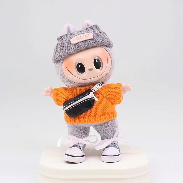 Labubu 17cm Mini Doll Clothes Set – Solid Color Sweater, Suspender Pants, Floral Dress & Shoes, Perfect Gift 3