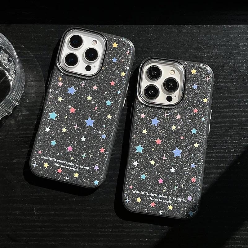 Fashion Colorful Stars Bling Glitter Back Phone Case For iPhone 16 Pro Max 15 13 14 Shockproof Cover Shell