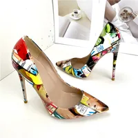 Colorful Print Leather Women's Pointed Toe Stilettos Sexy Ladies Banquet Slip-On High Heels 8cm 10cm 12cm wedding Shoes - Image 6