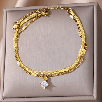 Gold Zircon Bead Anklet Double Snake Chain for Women