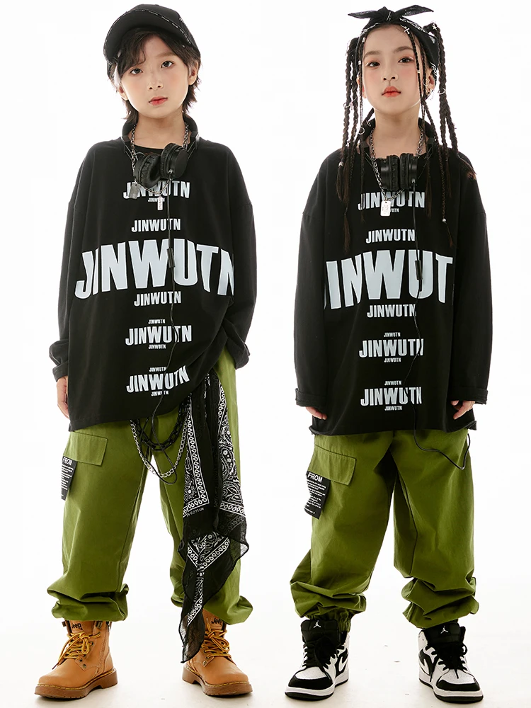 

Children Modern Dance Clothes Hip Hop Black T Shirt Green Pants Boys Long Sleeves Casual Clothing Girls Jazz Dance Wear BL11489