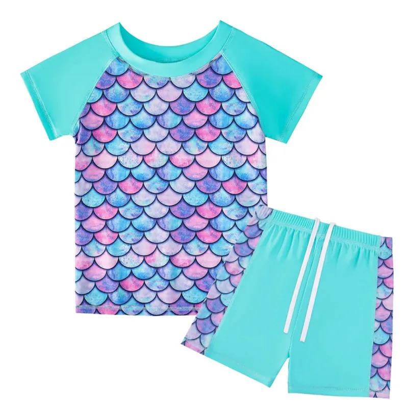 Girls Swimsuit 2PCS Fashion Swimming T-shirts Shorts Sets for Kids Girls Summer Cooling UV Protection Short Sleeves Top Shorts Set for Children