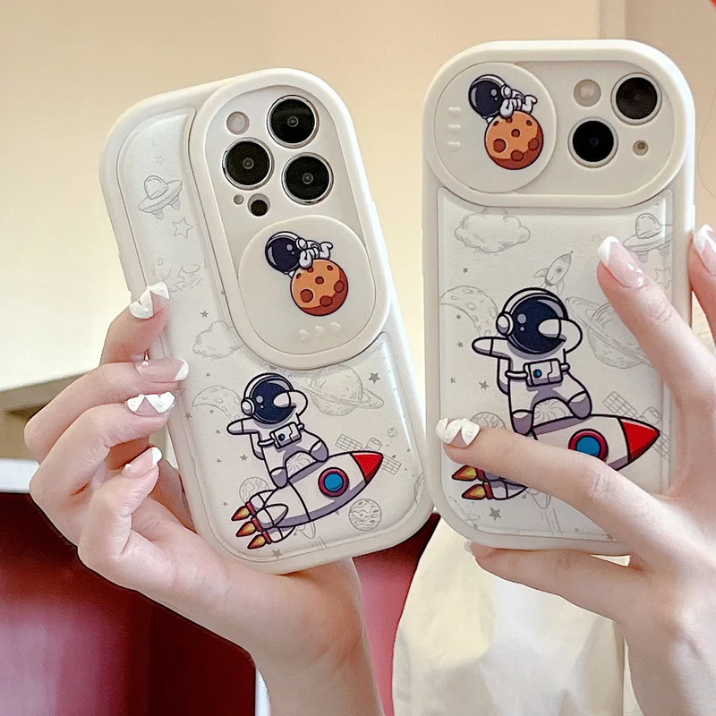 

Luxury Leather Rocket Astronaut Phone Case For iPhone 14 13 Pro Max 12 11 XR XS Max 14 Plus Slide Camera Protector Back Cover