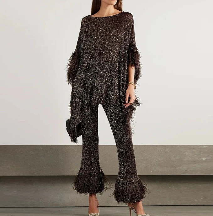 Women's Fashion Sequin Feather Tassel Loose Bat Sleeve Top & High Waist Pants Set Temperament Female Elegant Two Piece Outfits woman fashion contrast sequin cape sleeve tape patch jumpsuit temperament commuting new women s work skinny elegant jumpsuits