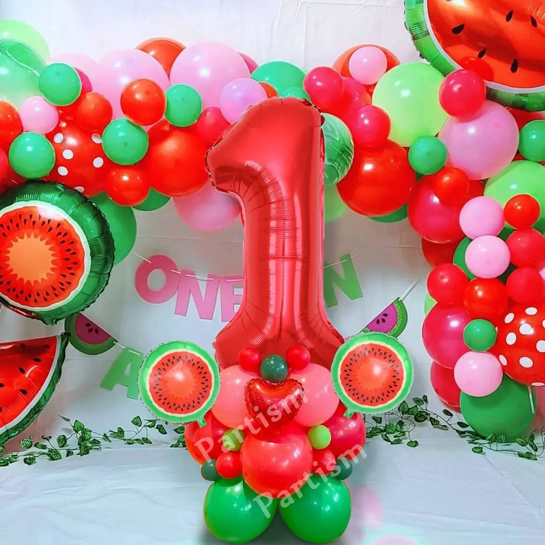 

31pcs Watermelon Balloons Tower with 1-9 Red Figure Balloon for Kids Summer Birthday Party Decoration Watermelon Party Supplies