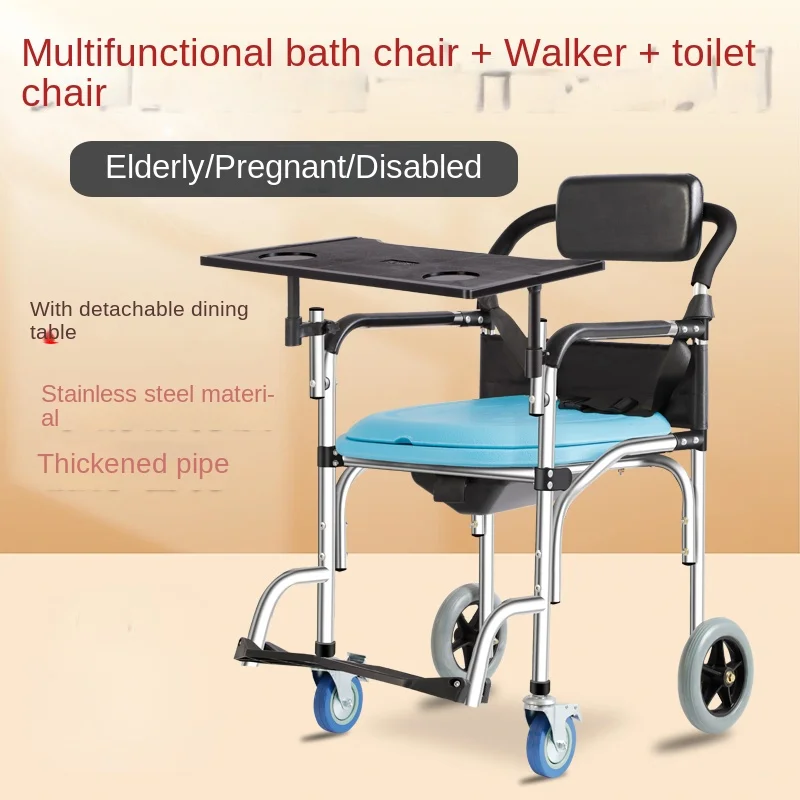 Elderly Commode Toilet,Stainless Steel Portable Folding Wheelchair for Seniors,Disabled Armchair with Wheel Adult Mobility Aids 2