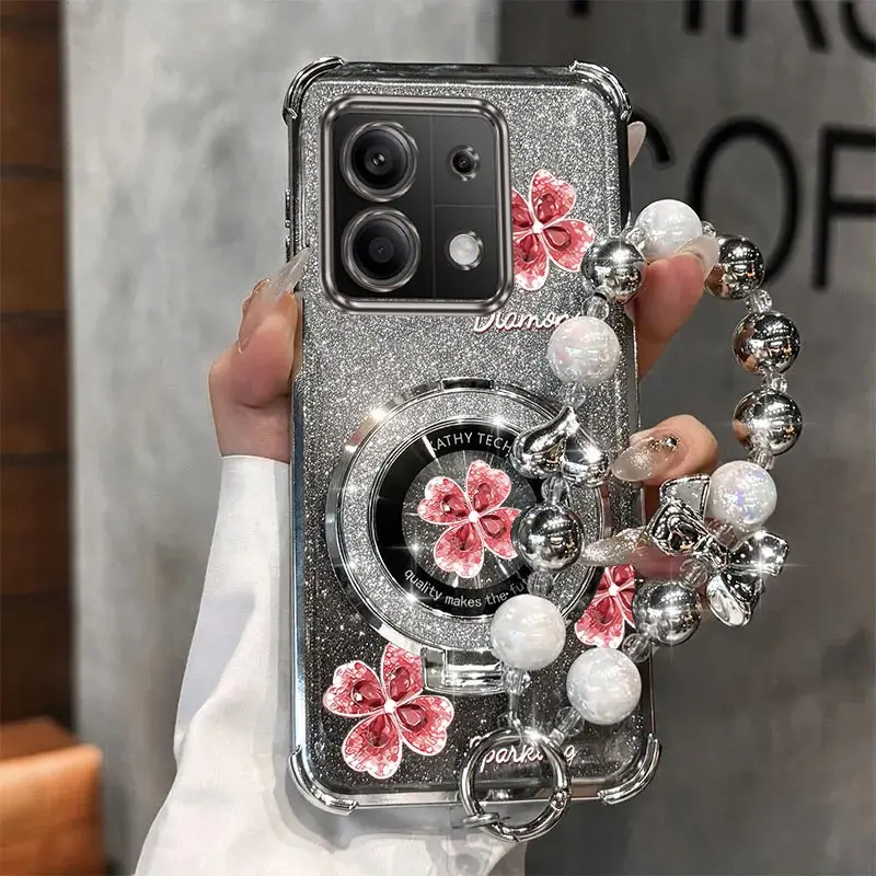 Perle Strap Glitter Clover Telefon Halter Fall Für Xiaomi Redmi Hinweis 13 12 Pro Plus Redmi 12 13 12C 13C 4G 5G Note 13 Stand Abdeckung – Detail 12