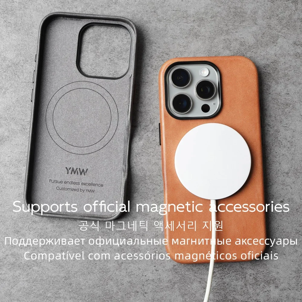 YMW Waxed Genuine Leather Case for iPhone 16 Pro Max 15 14 Magnetic Vegetable Tanned Cowhide Phone Cover 3