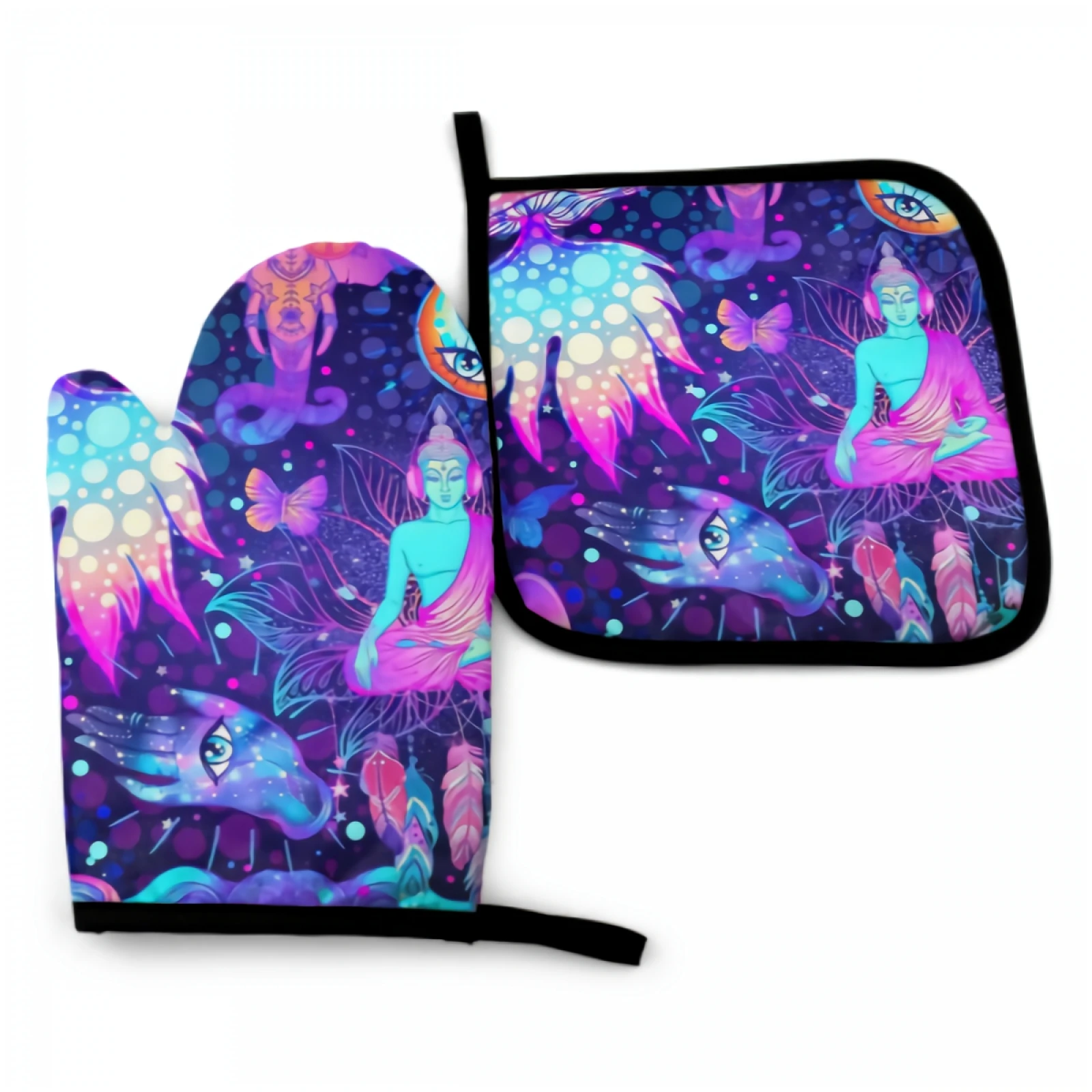 Psychedelic Mushroom Oven Mitt and Pot holder Set Heat Resistant Non Slip Kitchen Gloves with Inner Cotton Layer for Cooking BBQ 2 layer non slip silicone oven mitt waterproof heat resistant kitchen gloves long bbq oven gloves for barbecue cooking baking