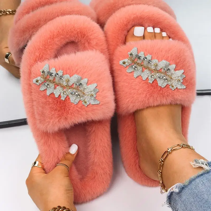 Plush Women Winter Home Slippers Indoor Bedroom Flat Shoes Crystal Rhinestone Shoes Soft Warm Slides Fur Sandals