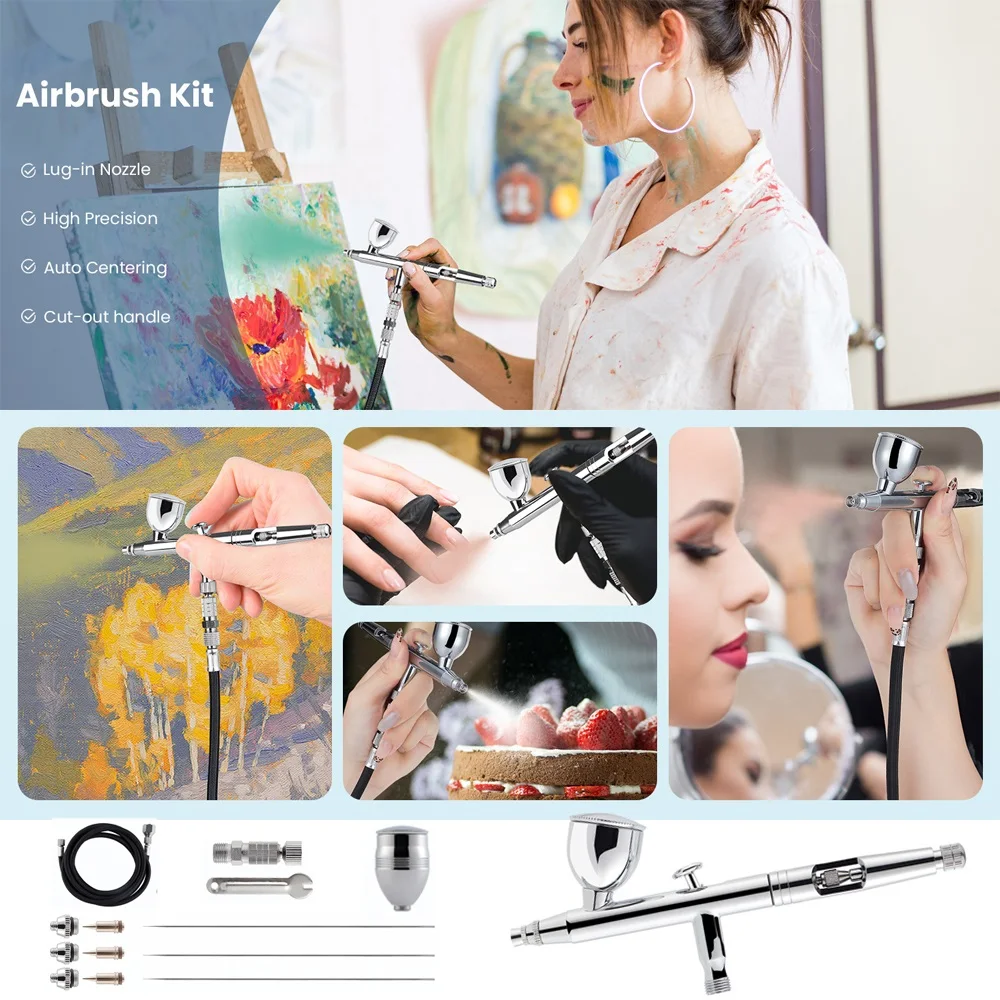 Dual-Action Airbrush Gun 0.2/0.3/0.5mm Needles Set Multi-Function Compression for Painting Car T-shirt Nail Cake Model
