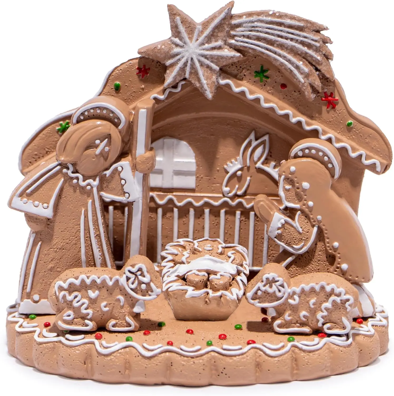 Krippe mit Lebkuchenmotiv, Weihnachtsdekoration, Figuren für die Feiertagsanzeige, Weihnachtsfeierdekoration für den Innenbereich