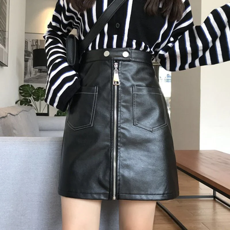 Streetwear Women's Black Faux Leather Skirt Hip High Waisted Stretchy Zipper Mini A-Line Short Pencil Skirts Oversized S-5XL women casual fashion hip lift slim fit pencil denim pants vintage zipper fly high waist skinny stretchy jeans