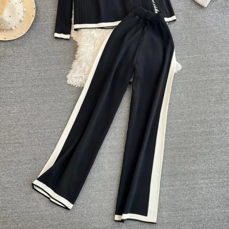 Long-sleeved Suit Wide Leg Pants V-neck Knit Cardigan High Waist Straight Leg Women Womenswear Design Tops Double Breasted